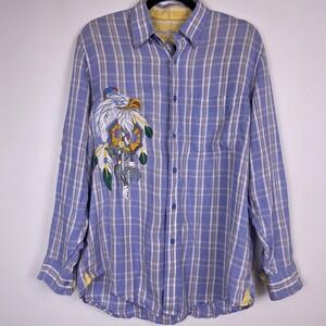 Indigo Palms Tommy Bahama Men's M Linen Plaid Shirt Embroidered Eagle Resortwear